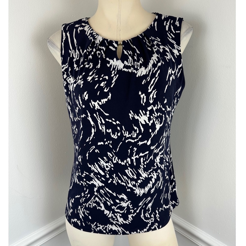 IVANKA TRUMP Navy & Cream Sleeveless Business Shell Tank Silver Details | Small
